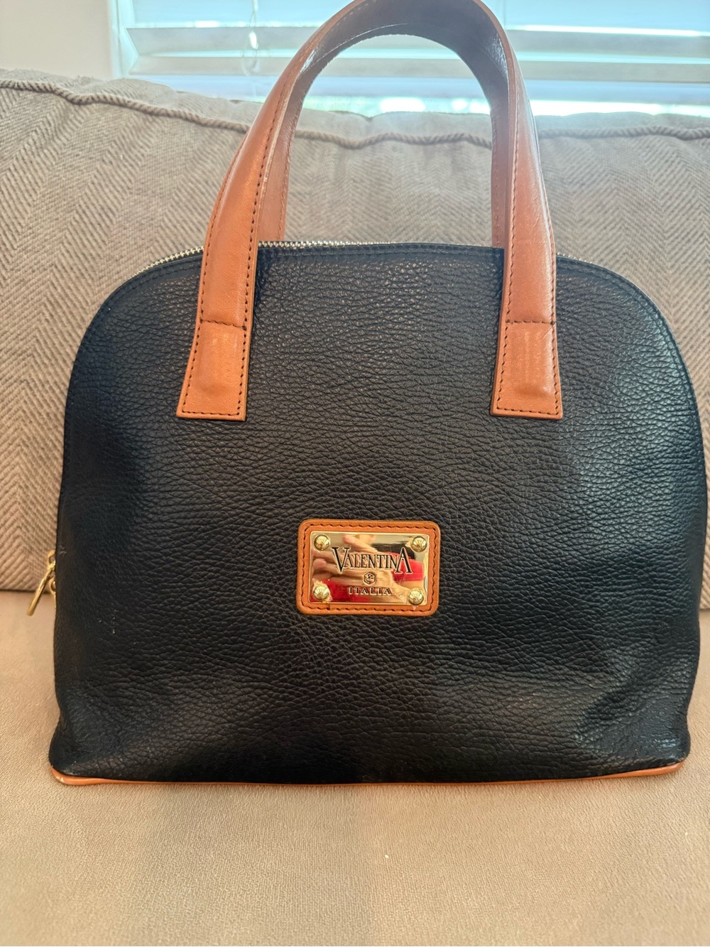 Valentina Black Satchel with Tan Trim